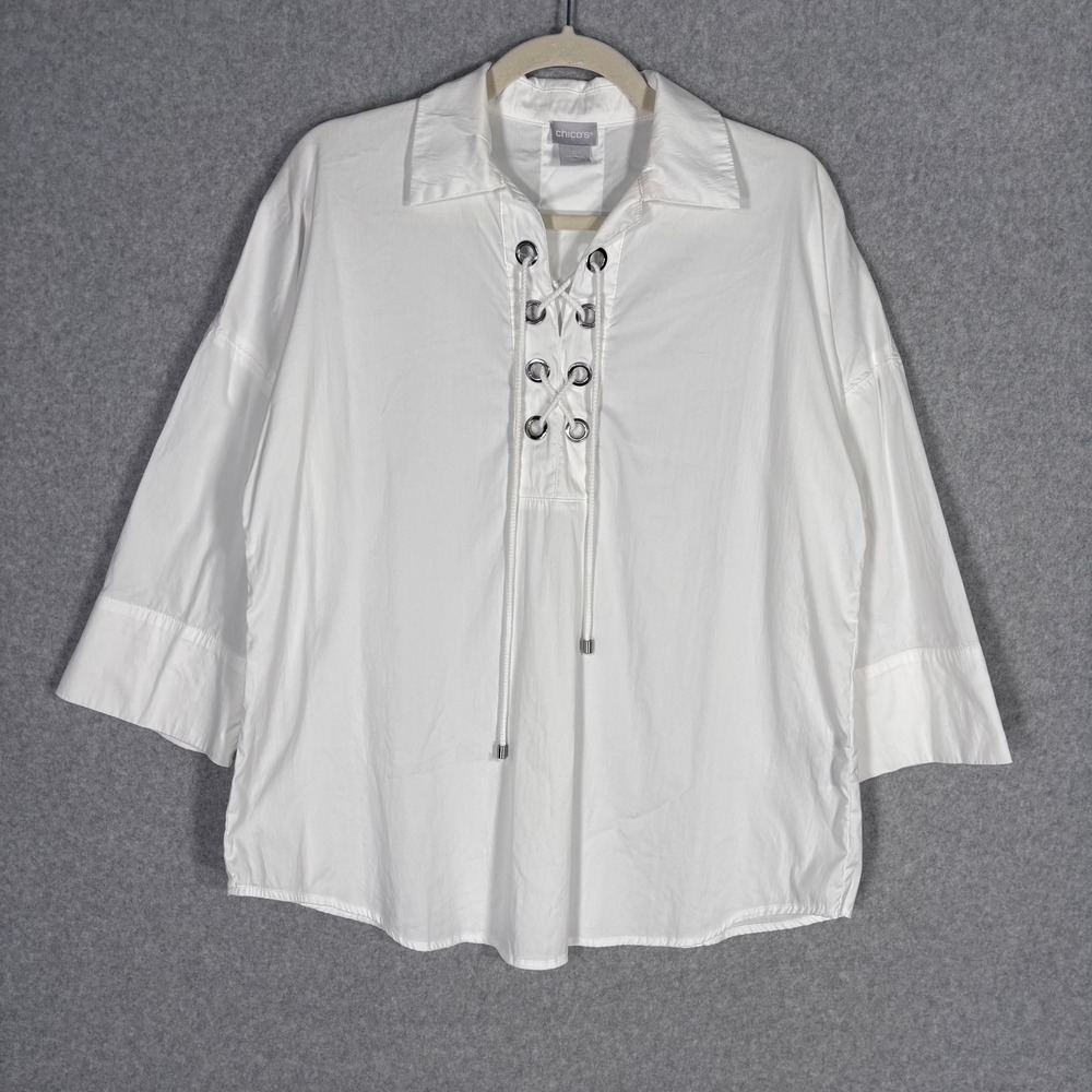 Chicos Lace Up Popover Blouse Size S White Grommets Oversized Minimalist Stretch